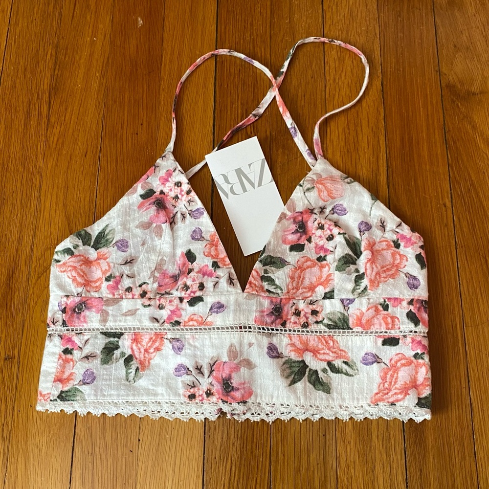 NWT ZARA Floral White and Pink Crop Top with Tie Back